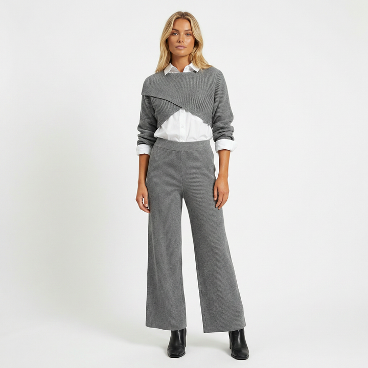 Women's Three Piece Knit Set – Cropped Sweater Shirt & Wide Leg Trousers