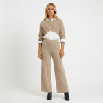 Cafe Sweater White Shirt Khaki Wide Leg Pants [Three Pieces]