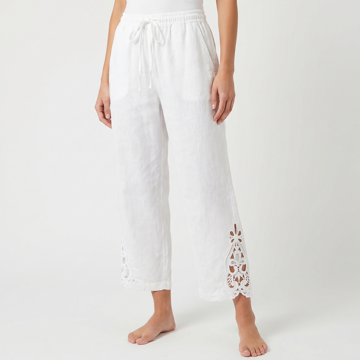 Linen Pants - Wide Leg Lace Trim Drawstring