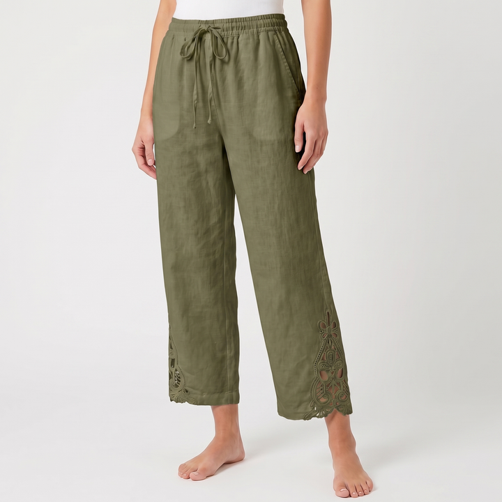 Linen Pants - Wide Leg Lace Trim Drawstring
