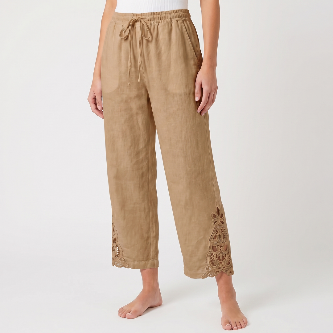 Linen Pants - Wide Leg Lace Trim Drawstring