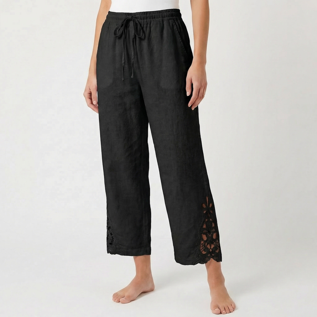 Linen Pants - Wide Leg Lace Trim Drawstring