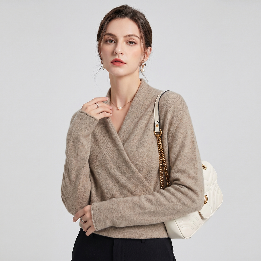 Women's Cashmere Wrap V-Neck Cardigan – 100% Wool Soft Cross Front Knit Luxury Sweater