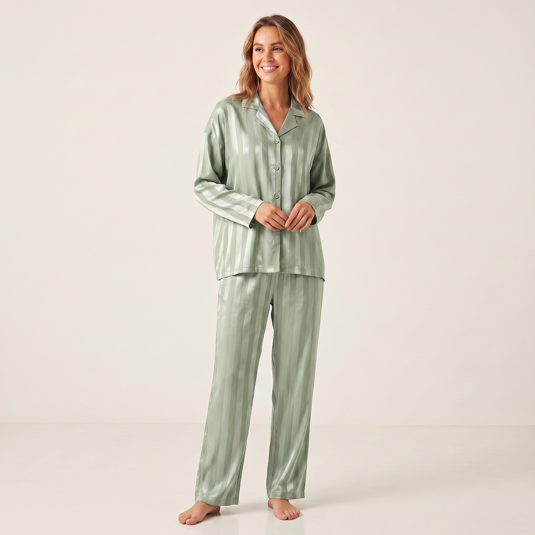 Women's Satin Pyjama Set – Silky Button Up Shirt & Pants Sleepwear