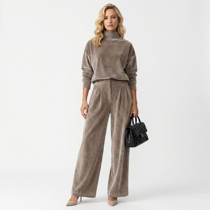 Women's Velvet Mock Neck Top & Wide Leg Trouser Co-ord