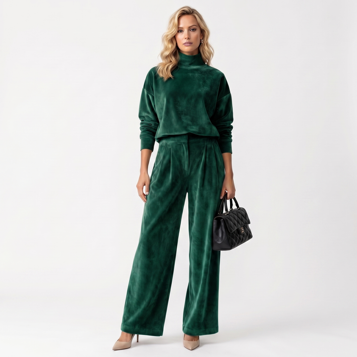 Women's Velvet Mock Neck Top & Wide Leg Trouser Co-ord
