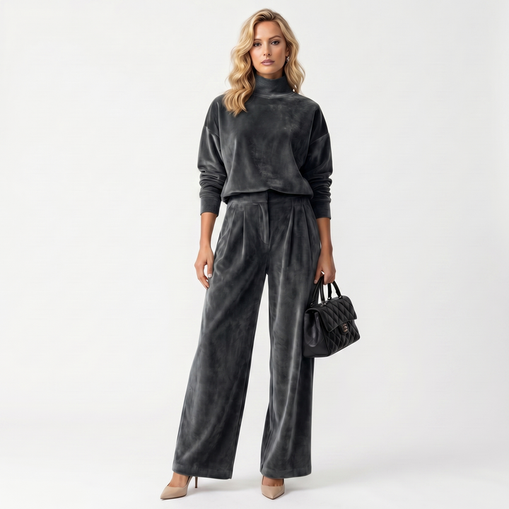 Women's Velvet Mock Neck Top & Wide Leg Trouser Co-ord