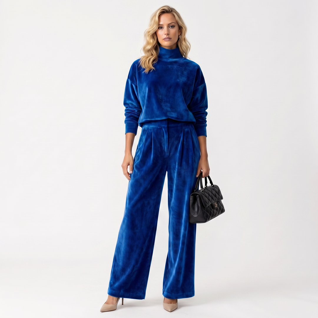 Women's Velvet Mock Neck Top & Wide Leg Trouser Co-ord