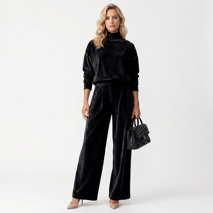Women's Velvet Mock Neck Top & Wide Leg Trouser Co-ord