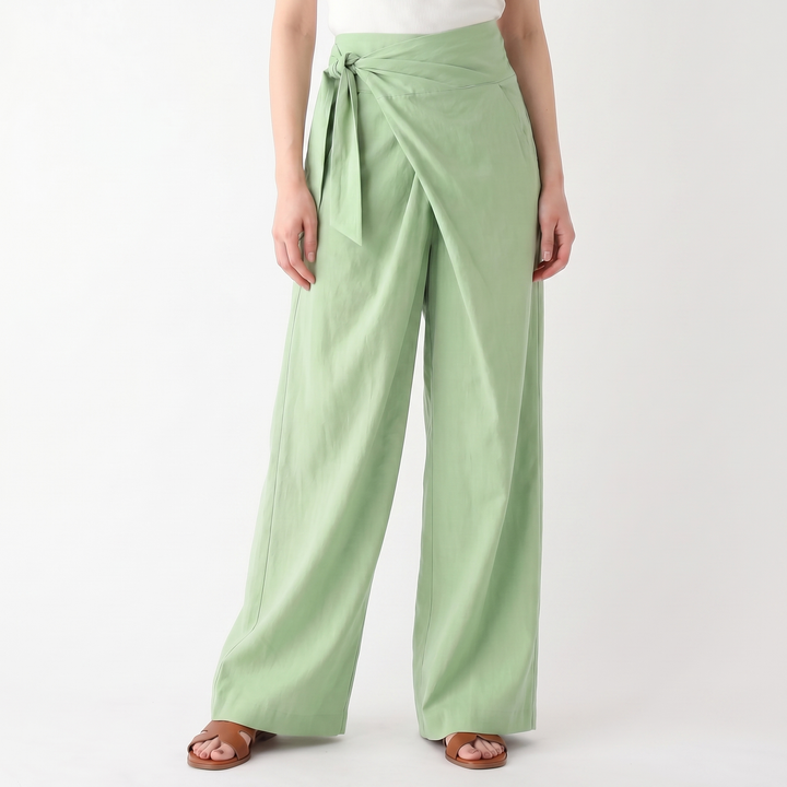 Linen Wrap Pants Women - High Waisted Tie Front Wide Leg