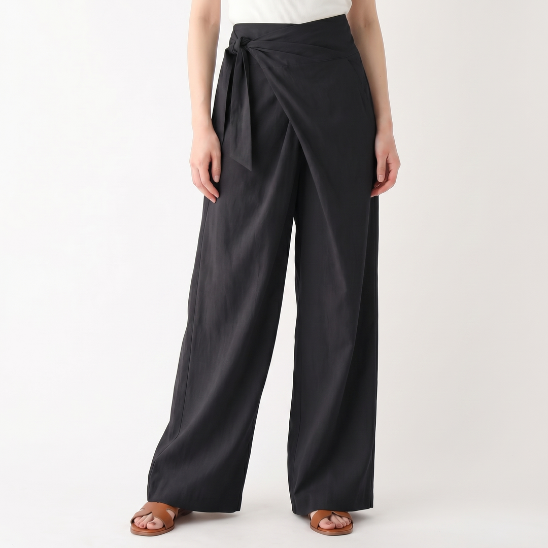 Linen Wrap Pants Women - High Waisted Tie Front Wide Leg