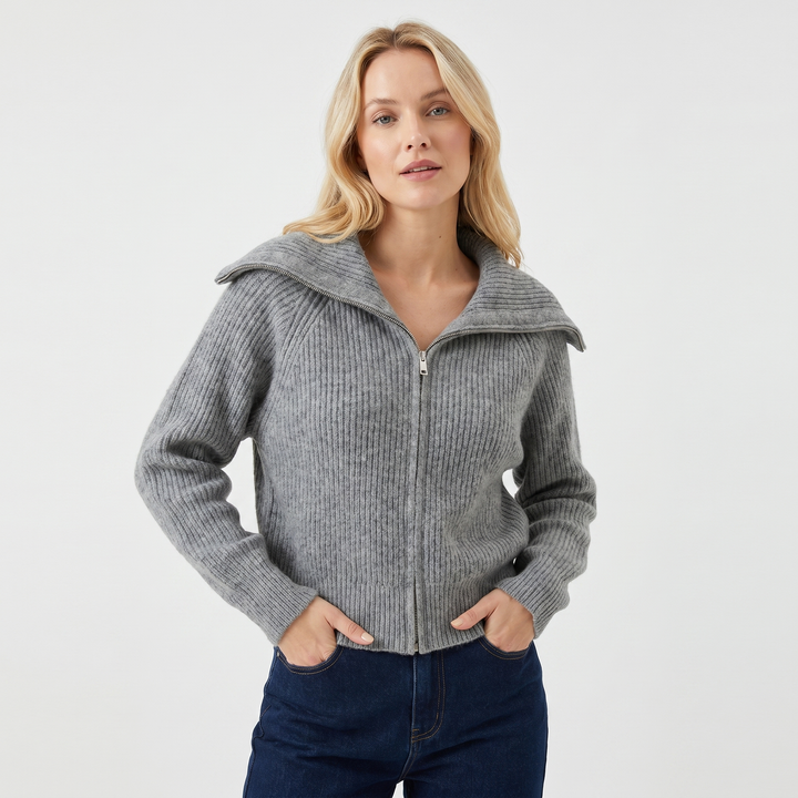 Women's Oversized Ribbed Zip-Up Spread Collar Knit Cardigan