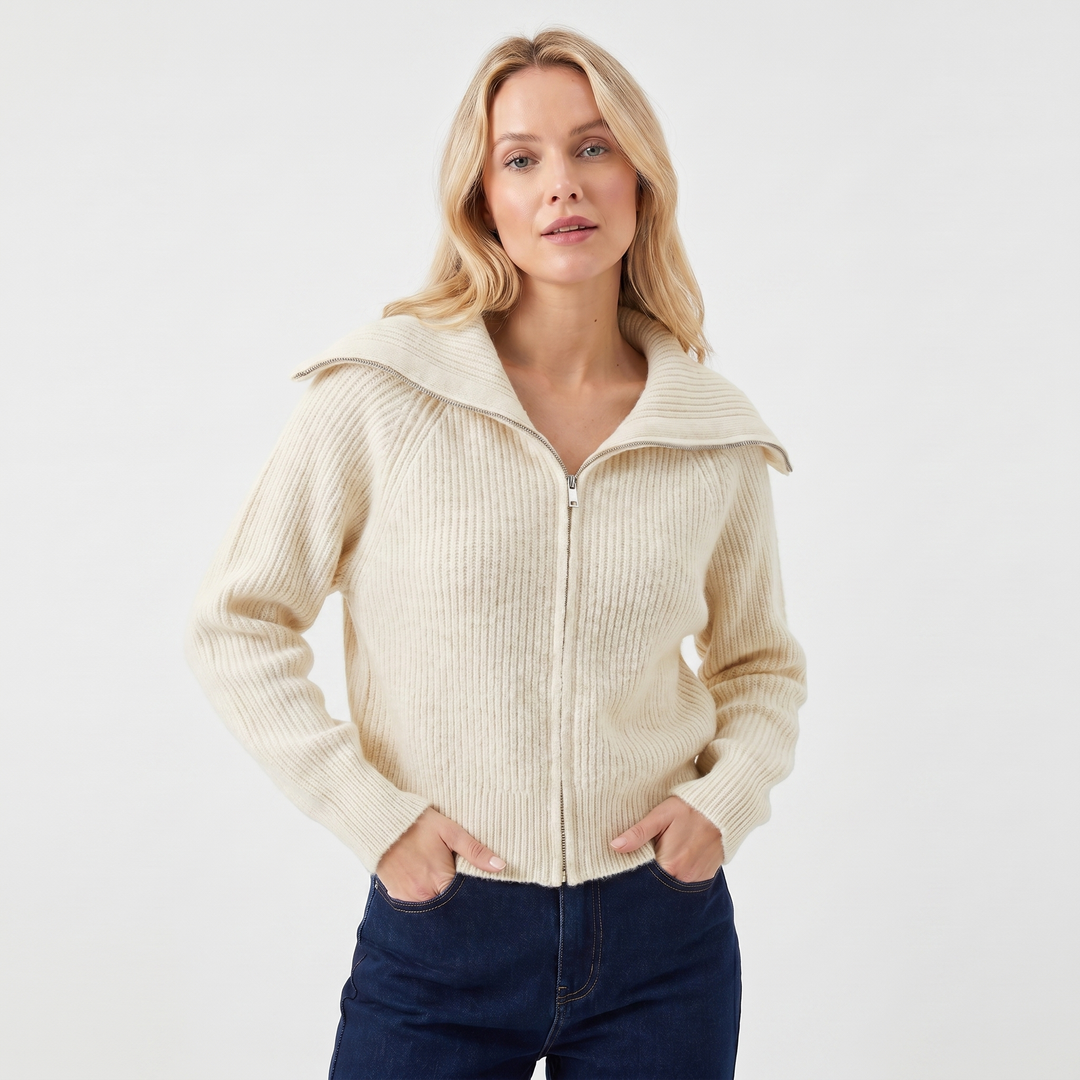 Women's Oversized Ribbed Zip-Up Spread Collar Knit Cardigan