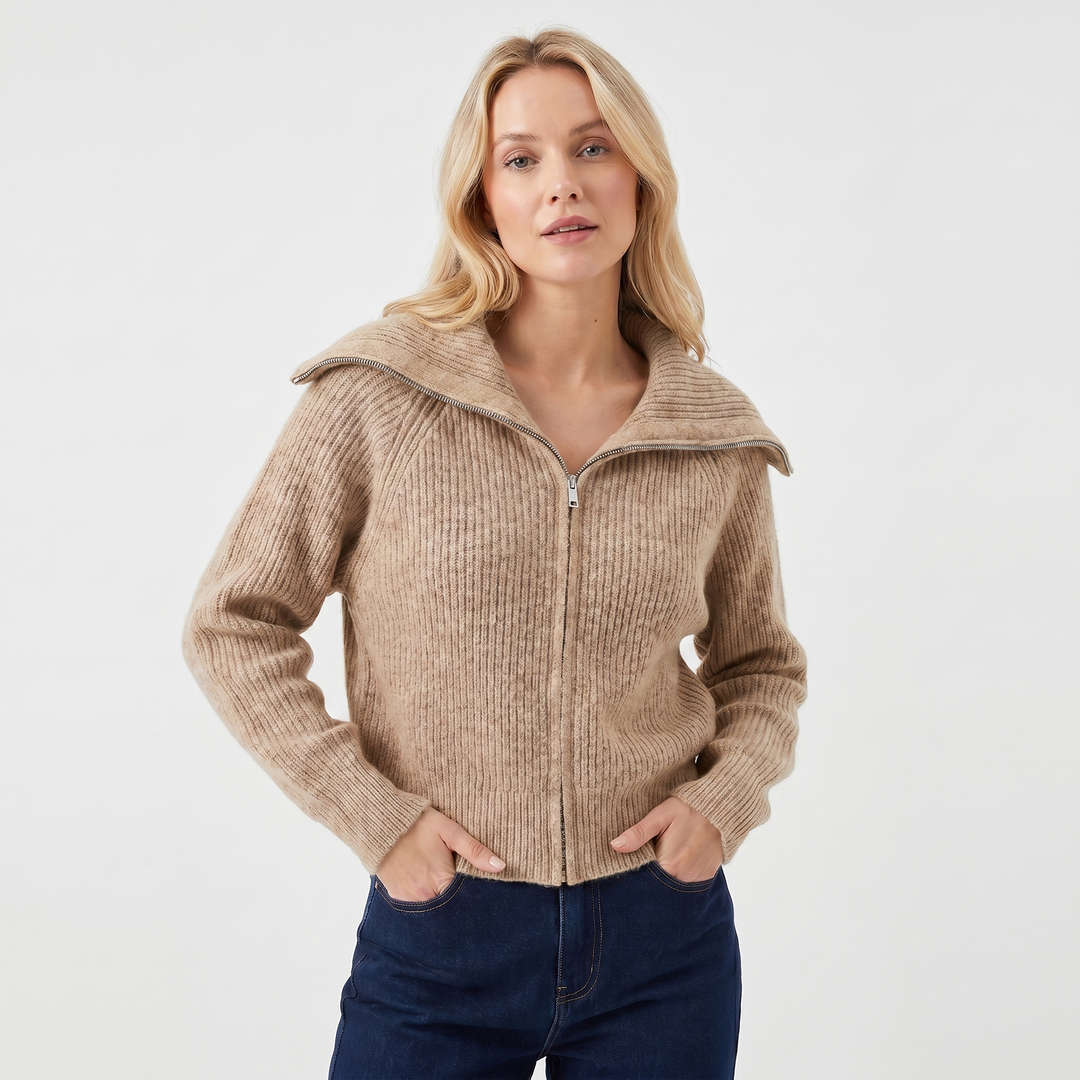 Women's Oversized Ribbed Zip-Up Spread Collar Knit Cardigan