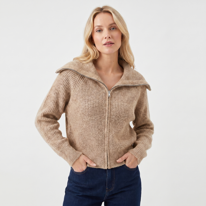 Women's Oversized Ribbed Zip-Up Spread Collar Knit Cardigan
