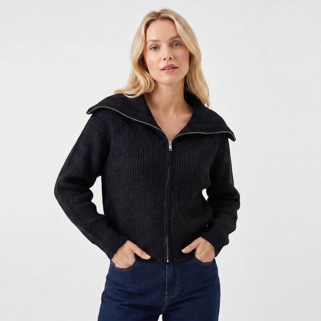 Women's Oversized Ribbed Zip-Up Spread Collar Knit Cardigan