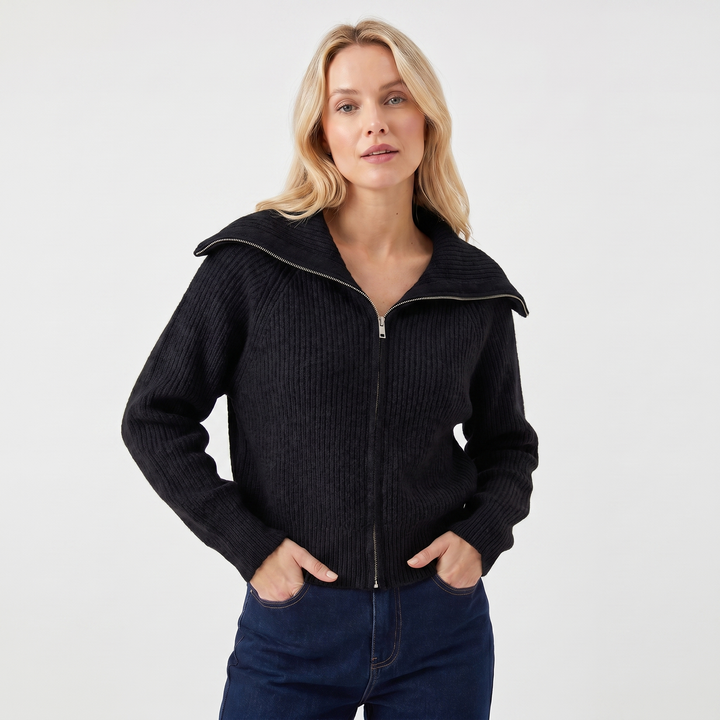 Women's Oversized Ribbed Zip-Up Spread Collar Knit Cardigan