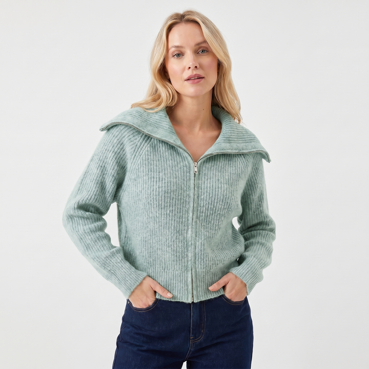 Women's Oversized Ribbed Zip-Up Spread Collar Knit Cardigan