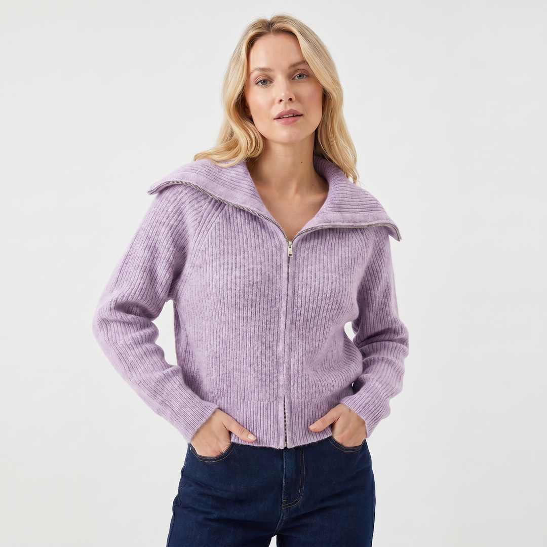 Women's Oversized Ribbed Zip-Up Spread Collar Knit Cardigan
