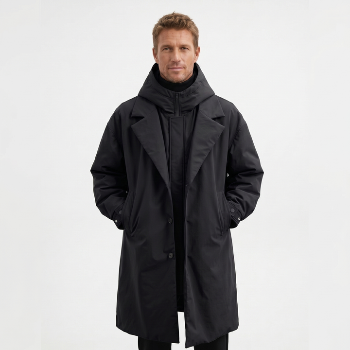 Men's Waterproof Hooded Mid-Length Trench Coat – Two-Piece Cotton Winter Jacket