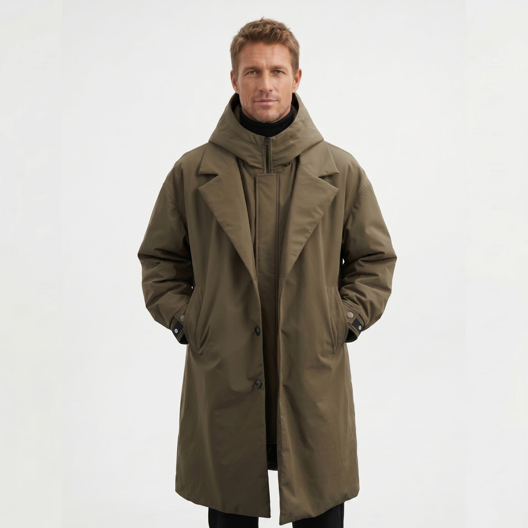 Men's Waterproof Hooded Mid-Length Trench Coat – Two-Piece Cotton Winter Jacket