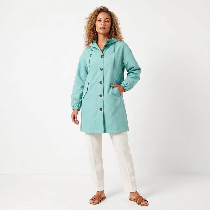 Women's Hooded Mid-Length Button Up Trench Coat – Casual Waterproof Windbreaker