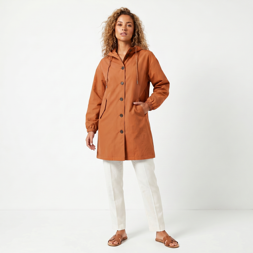 Women's Hooded Mid-Length Button Up Trench Coat – Casual Waterproof Windbreaker