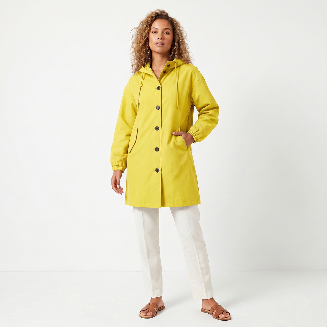 Women's Hooded Mid-Length Button Up Trench Coat – Casual Waterproof Windbreaker