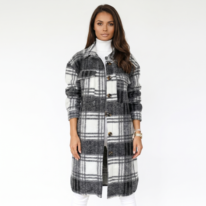 Women's Plaid Print Trench Coat – Oversized Checked Jacket Casual Outerwear