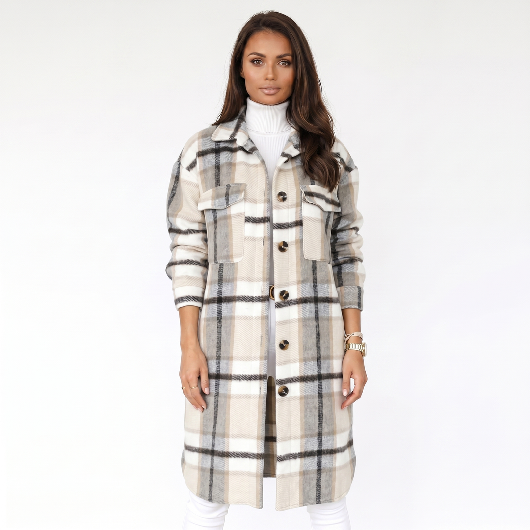 Women's Plaid Print Trench Coat – Oversized Checked Jacket Casual Outerwear