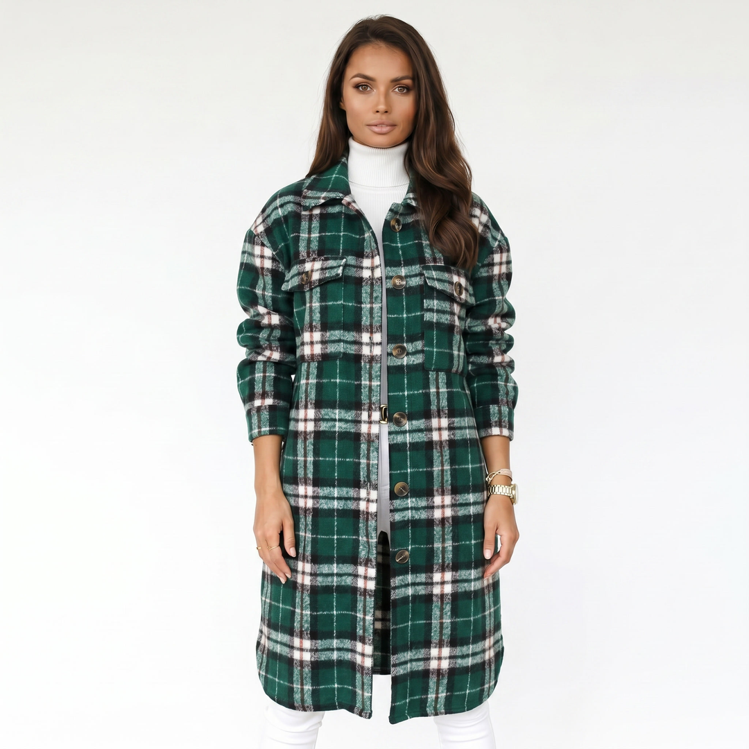 Women's Plaid Print Trench Coat – Oversized Checked Jacket Casual Outerwear
