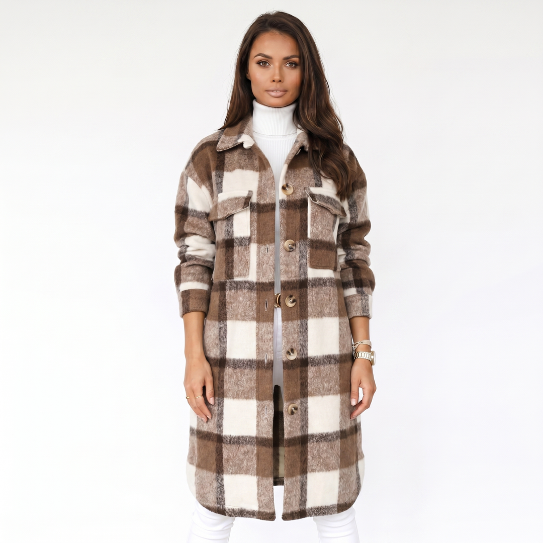 Women's Plaid Print Trench Coat – Oversized Checked Jacket Casual Outerwear