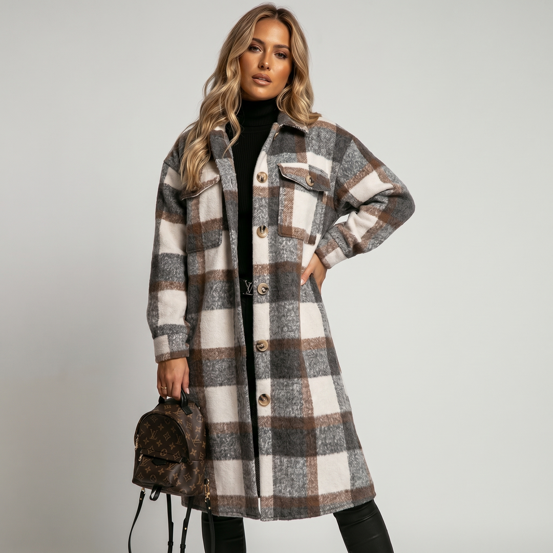 Women's Plaid Print Trench Coat – Oversized Checked Jacket Casual Outerwear