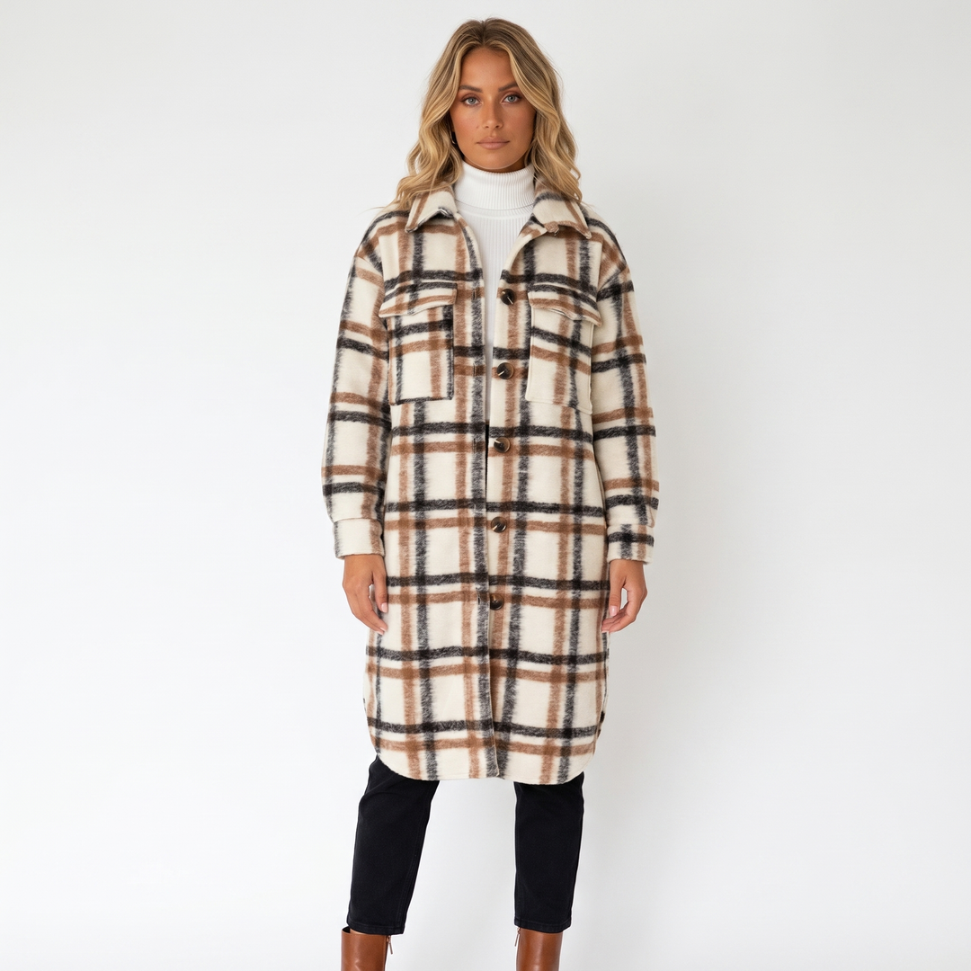 Women's Plaid Print Trench Coat – Oversized Checked Jacket Casual Outerwear