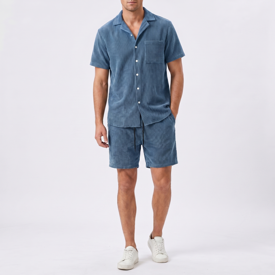 Mens Waffle Shirt and Shorts Set - Short Sleeve Summer Co-ord Outfit