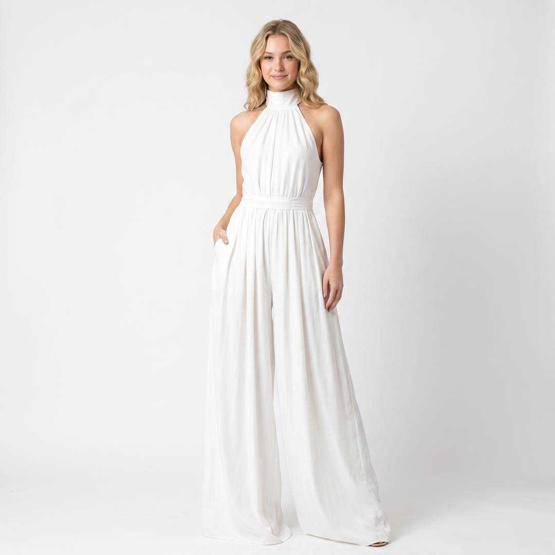 Women's Halter Neck Jumpsuit Wide Leg High Neck Pockets Formal