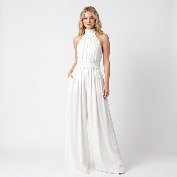 Women's Halter Neck Jumpsuit Wide Leg High Neck Pockets Formal