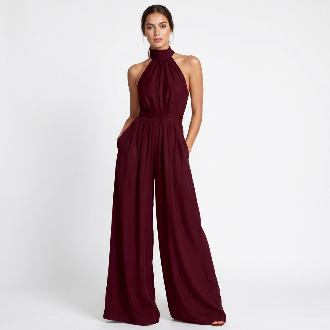 Women's Halter Neck Jumpsuit Wide Leg High Neck Pockets Formal