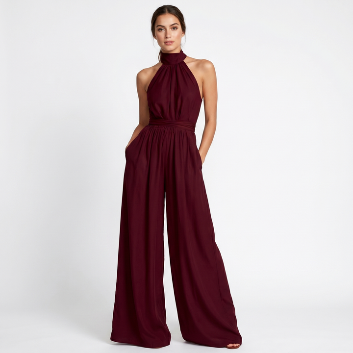 Women's Halter Neck Jumpsuit Wide Leg High Neck Pockets Formal