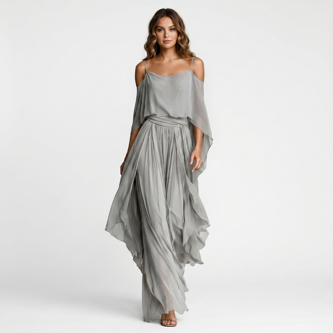Women's Chiffon Maxi Dress Cold Shoulder Cape Overlay Flowy Formal