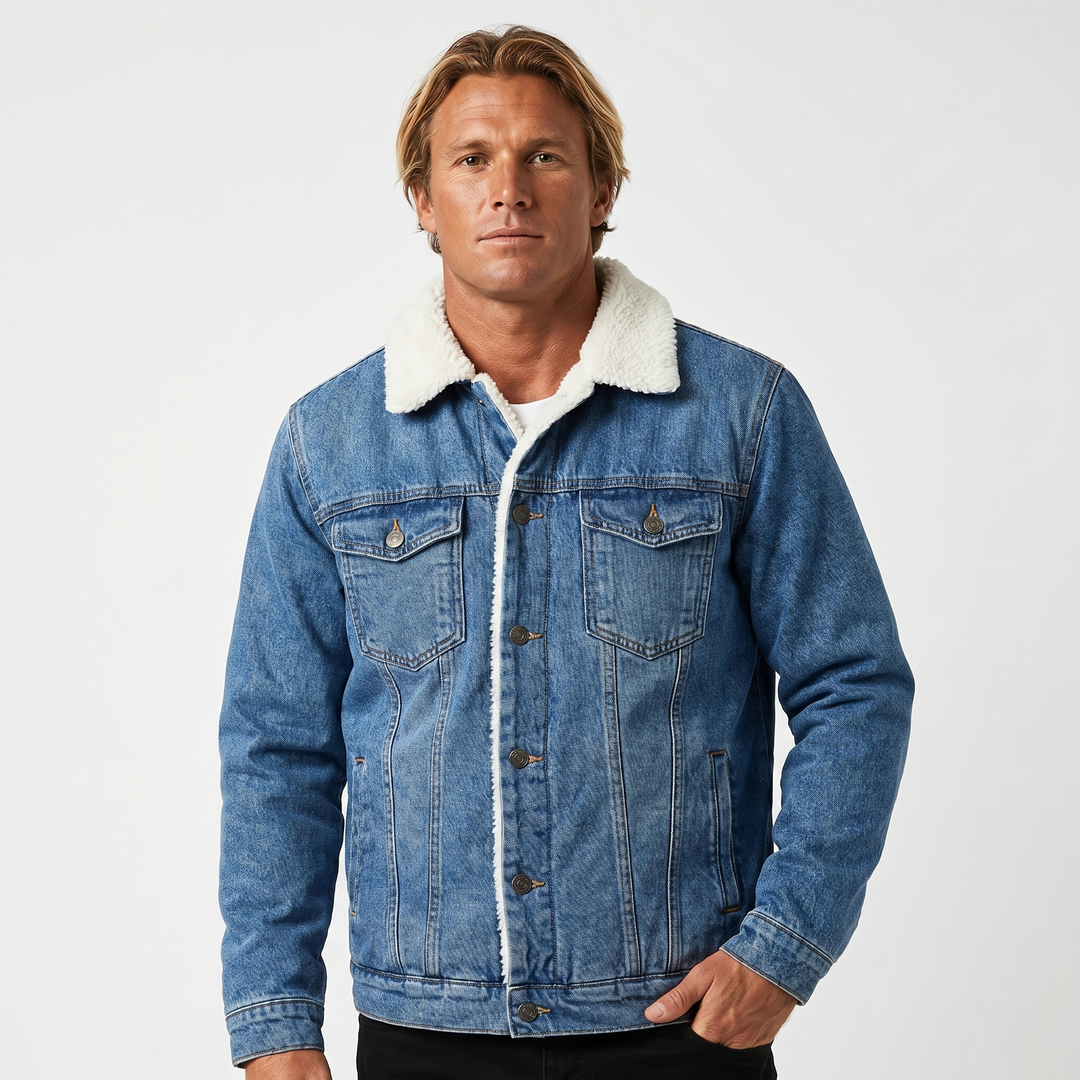 Men's Winter Denim Sherpa Lined Bomber Jacket