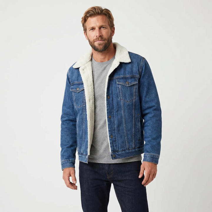 Men's Winter Denim Sherpa Lined Bomber Jacket