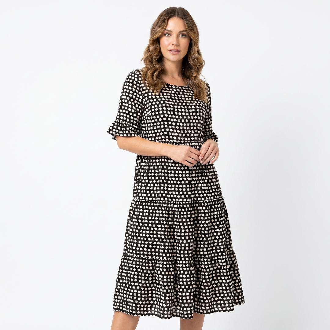 Women's Polka Dot Midi Dress Short Ruffle Sleeve Tiered Smock Shift