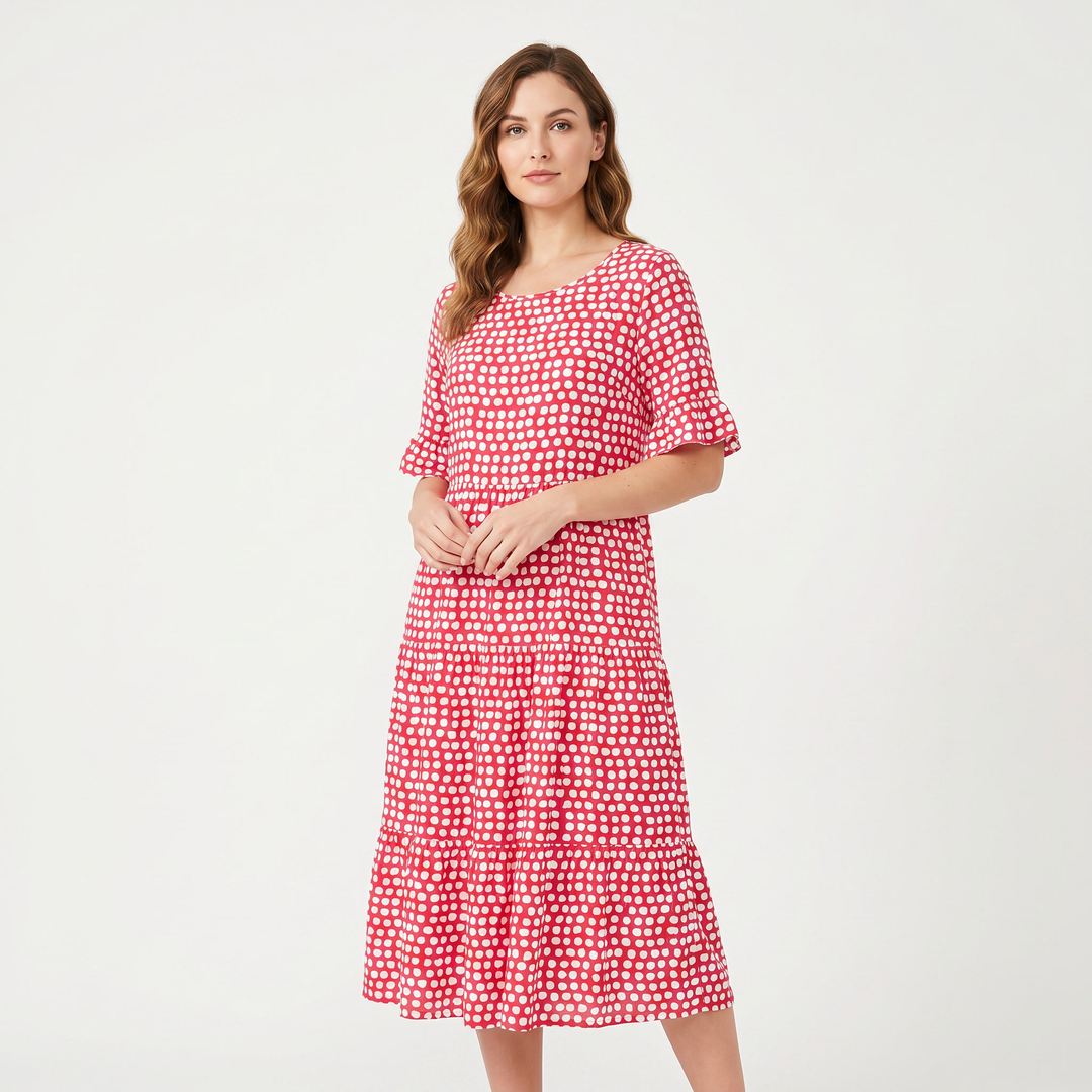 Women's Polka Dot Midi Dress Short Ruffle Sleeve Tiered Smock Shift