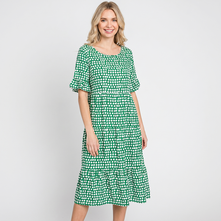 Women's Polka Dot Midi Dress Short Ruffle Sleeve Tiered Smock Shift