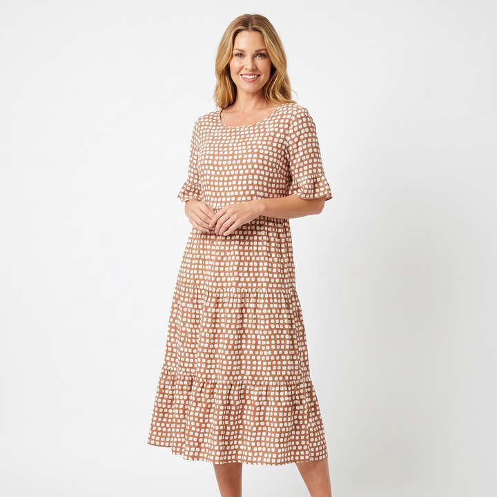 Women's Polka Dot Midi Dress Short Ruffle Sleeve Tiered Smock Shift