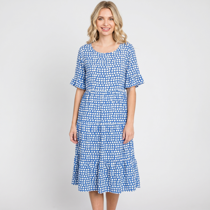 Women's Polka Dot Midi Dress Short Ruffle Sleeve Tiered Smock Shift