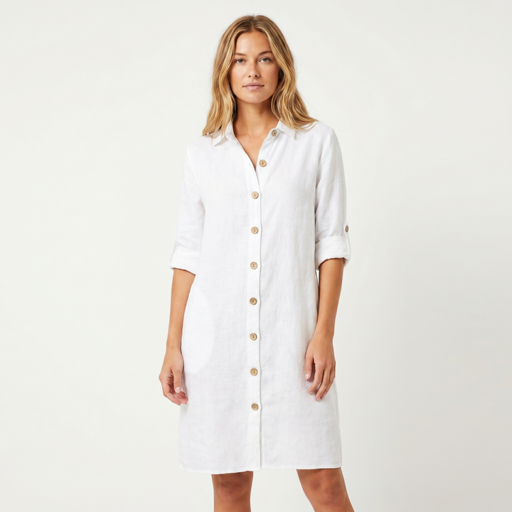 Women's Linen Shirt Dress Button Down Collared Roll Sleeve Midi