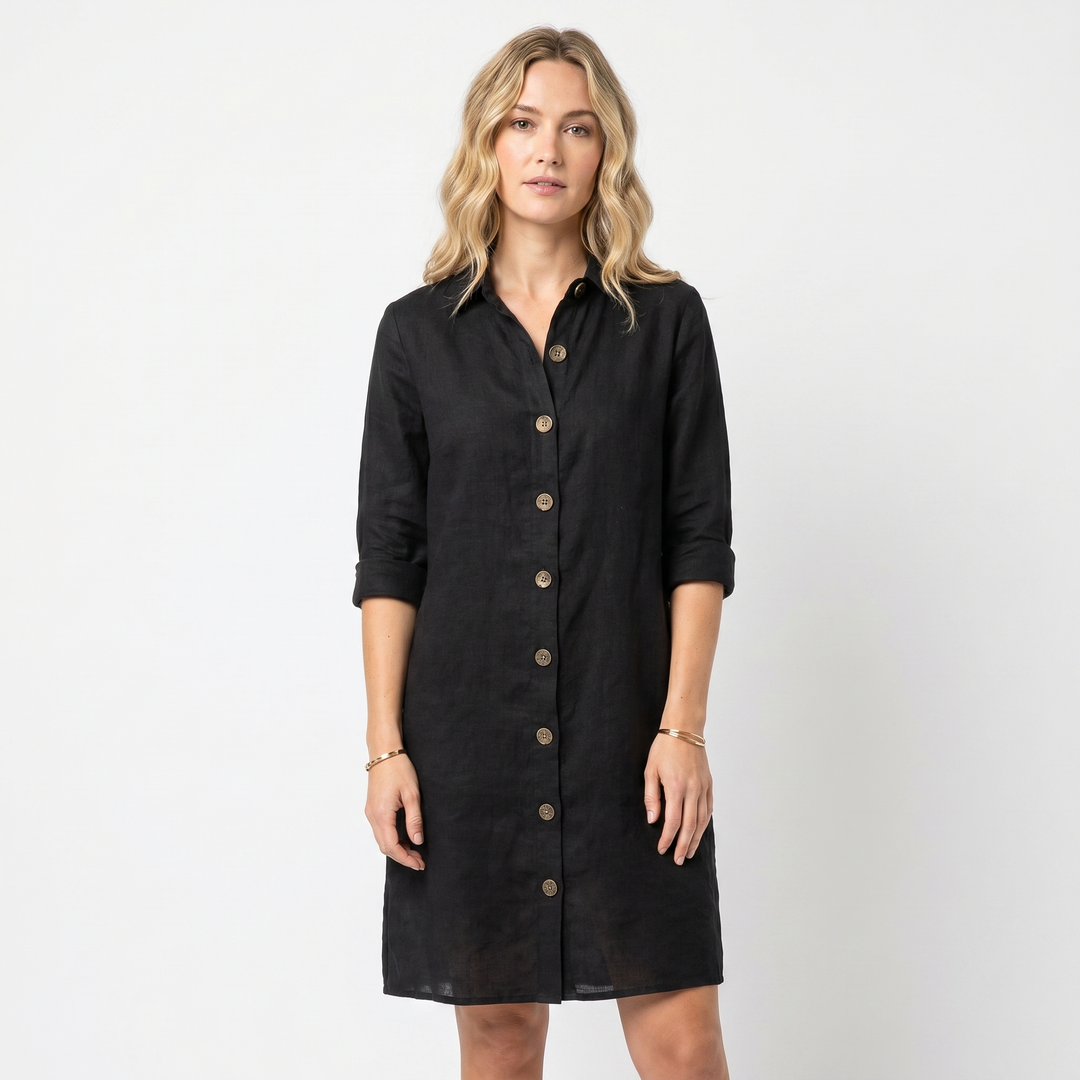Women's Linen Shirt Dress Button Down Collared Roll Sleeve Midi