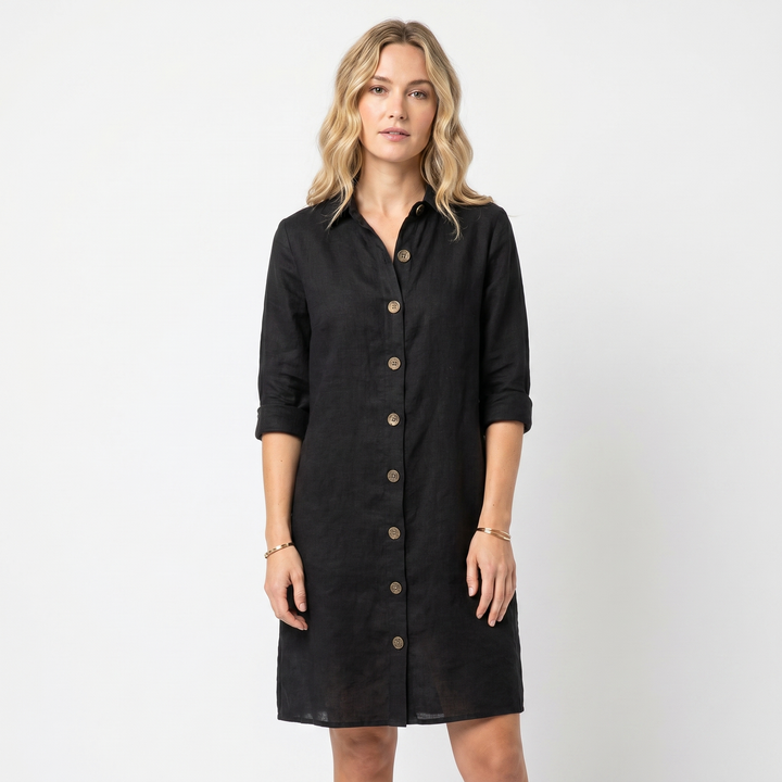 Women's Linen Shirt Dress Button Down Collared Roll Sleeve Midi